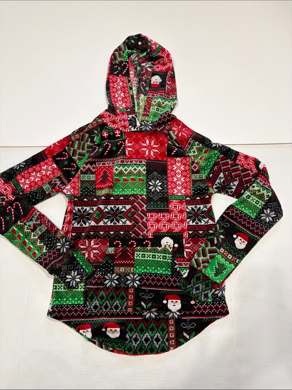 No Boundaries Kids Holiday Patchwork Hoodie - Red, Green & Black